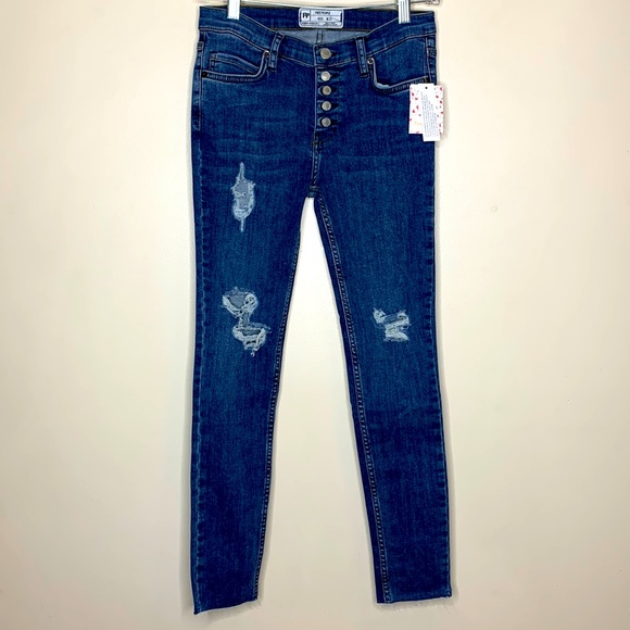 Free People | Distressed Denim Skinny Leg Jeans | Snap Button Crotch NWT - Picture 2 of 12